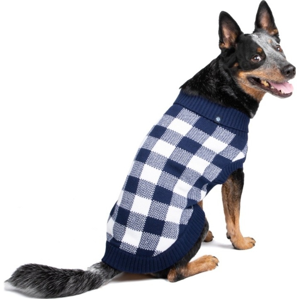 GAP Dog Sweater Buffalo Plaid Navy‎ Blue White Knit Pet Apparel Puppy Clothes L